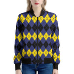 Black Yellow And Blue Argyle Print Women's Bomber Jacket