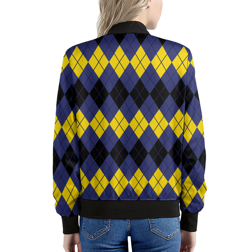 Black Yellow And Blue Argyle Print Women's Bomber Jacket