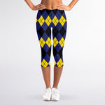 Black Yellow And Blue Argyle Print Women's Capri Leggings