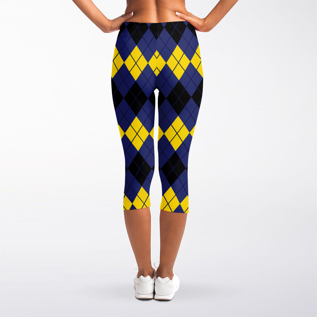 Black Yellow And Blue Argyle Print Women's Capri Leggings