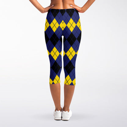 Black Yellow And Blue Argyle Print Women's Capri Leggings