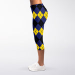 Black Yellow And Blue Argyle Print Women's Capri Leggings