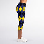 Black Yellow And Blue Argyle Print Women's Capri Leggings