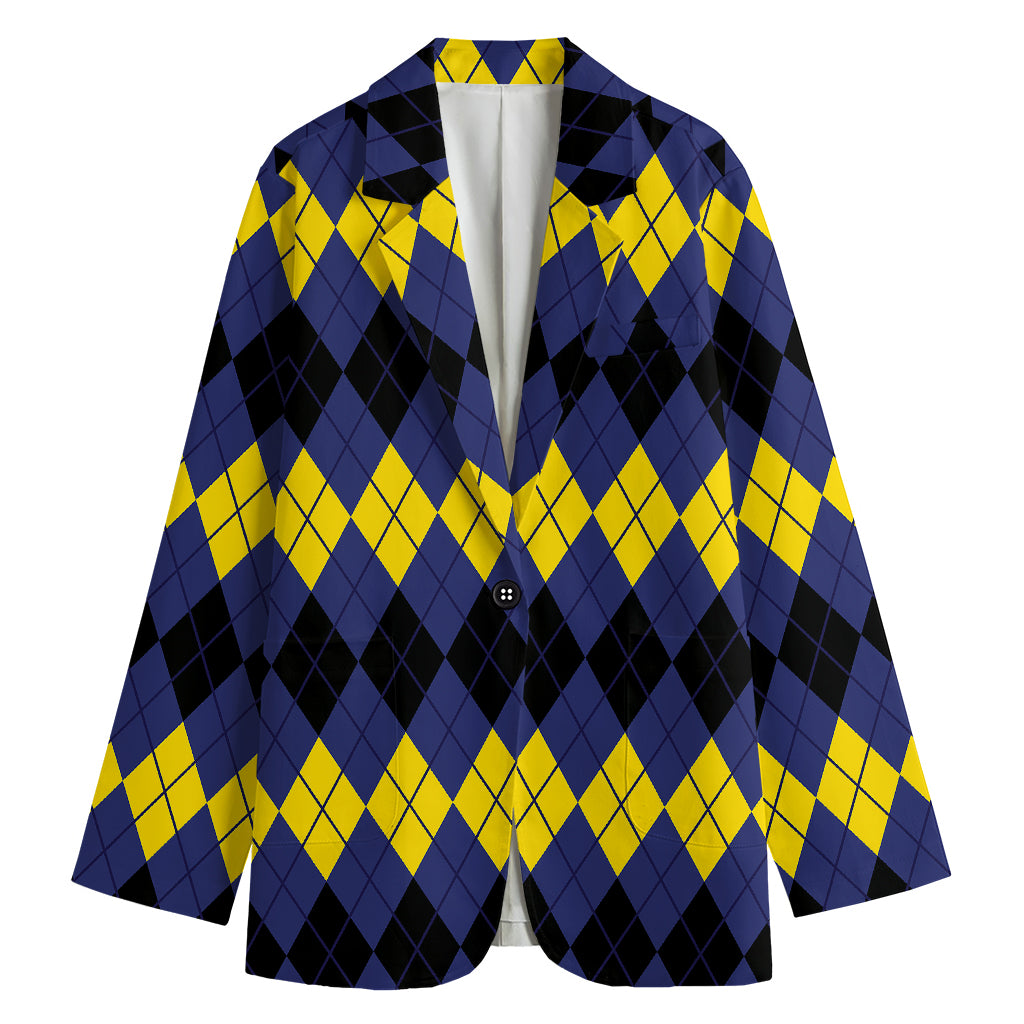 Black Yellow And Blue Argyle Print Women's Cotton Blazer