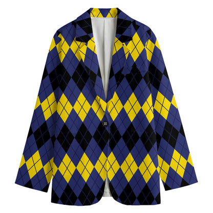 Black Yellow And Blue Argyle Print Women's Cotton Blazer