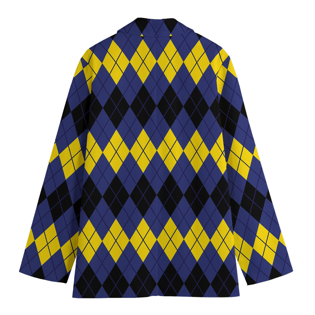 Black Yellow And Blue Argyle Print Women's Cotton Blazer