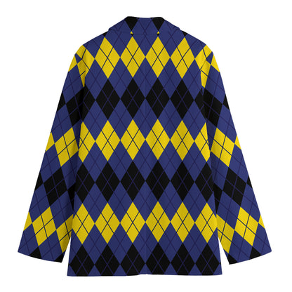 Black Yellow And Blue Argyle Print Women's Cotton Blazer