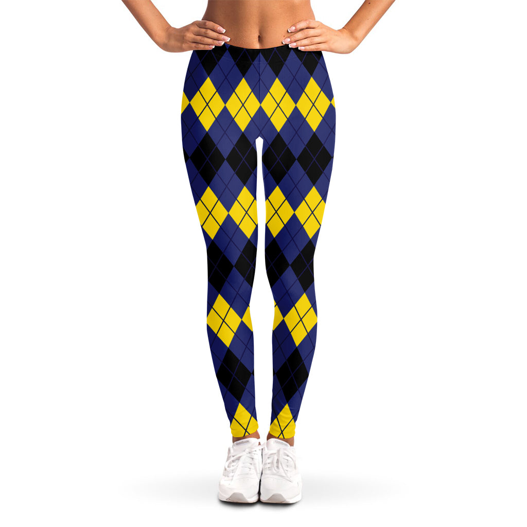 Black Yellow And Blue Argyle Print Women's Leggings