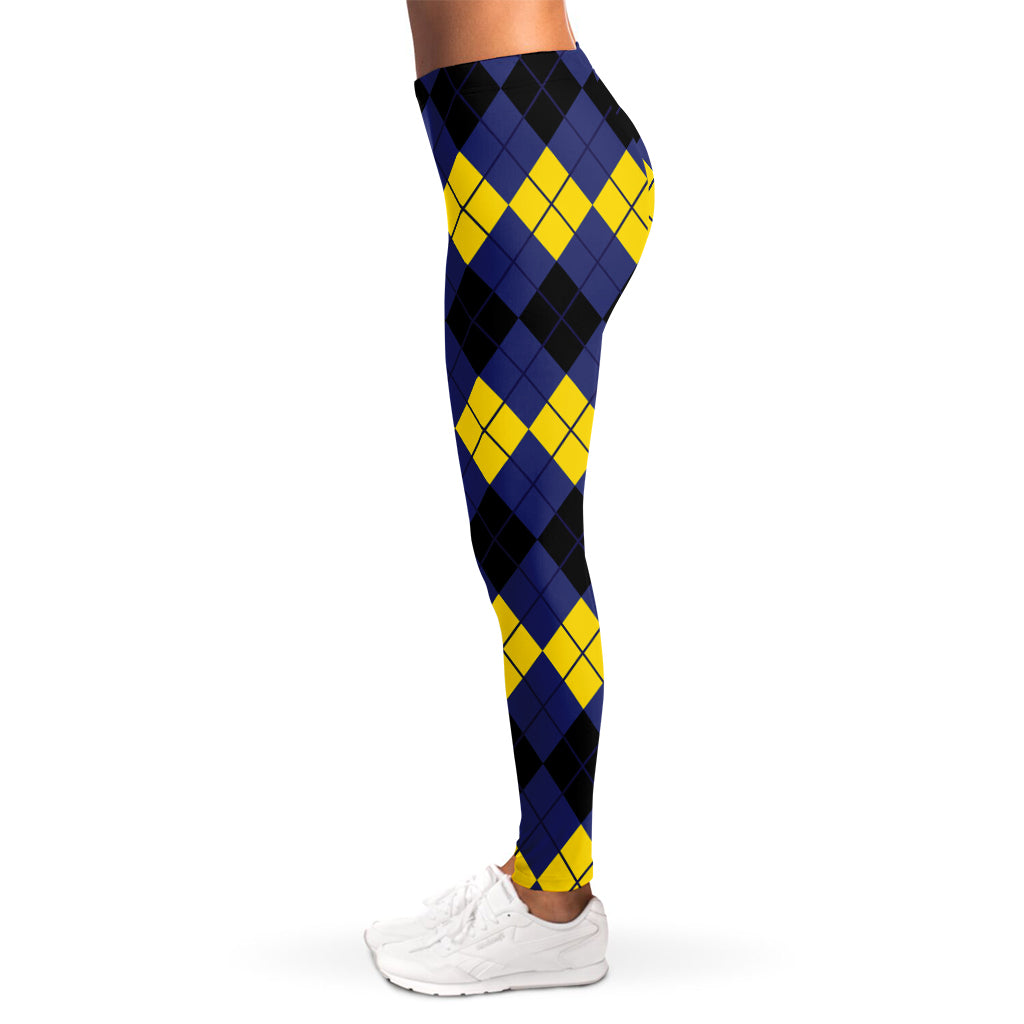 Black Yellow And Blue Argyle Print Women's Leggings