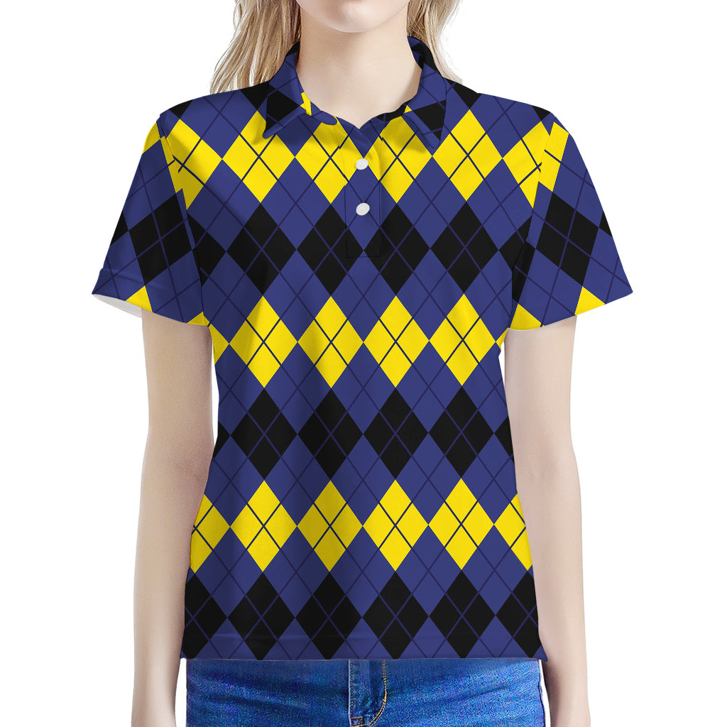 Black Yellow And Blue Argyle Print Women's Polo Shirt
