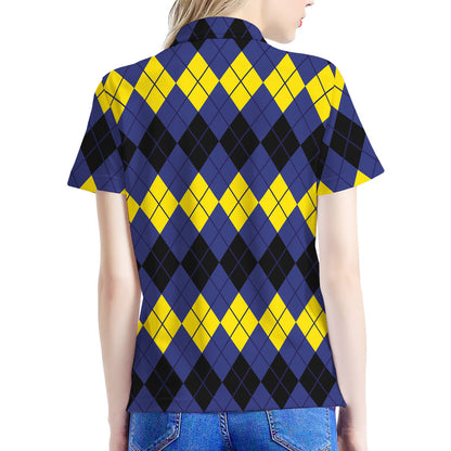 Black Yellow And Blue Argyle Print Women's Polo Shirt