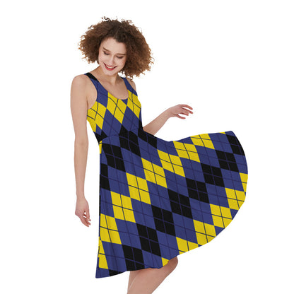 Black Yellow And Blue Argyle Print Women's Sleeveless Dress