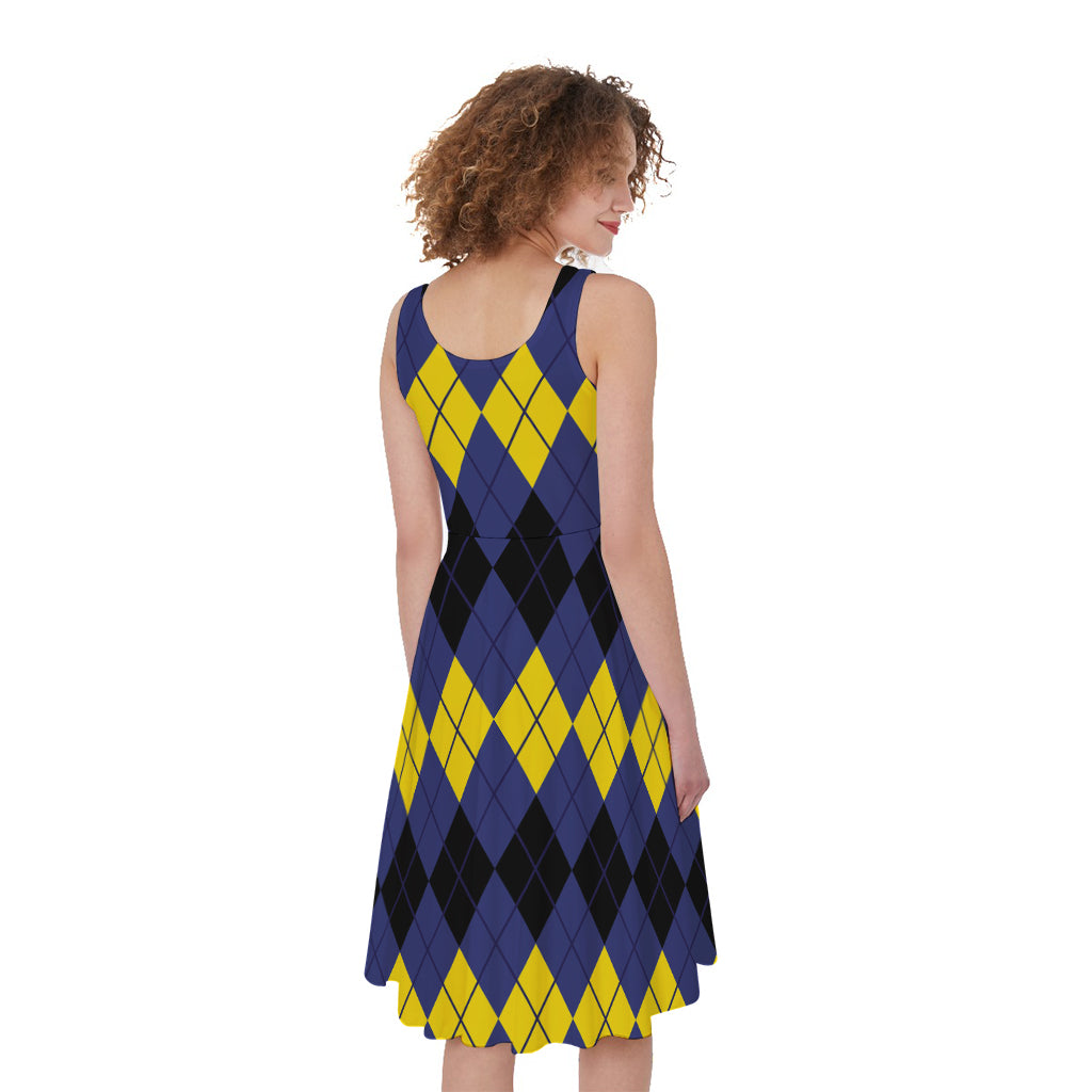 Black Yellow And Blue Argyle Print Women's Sleeveless Dress