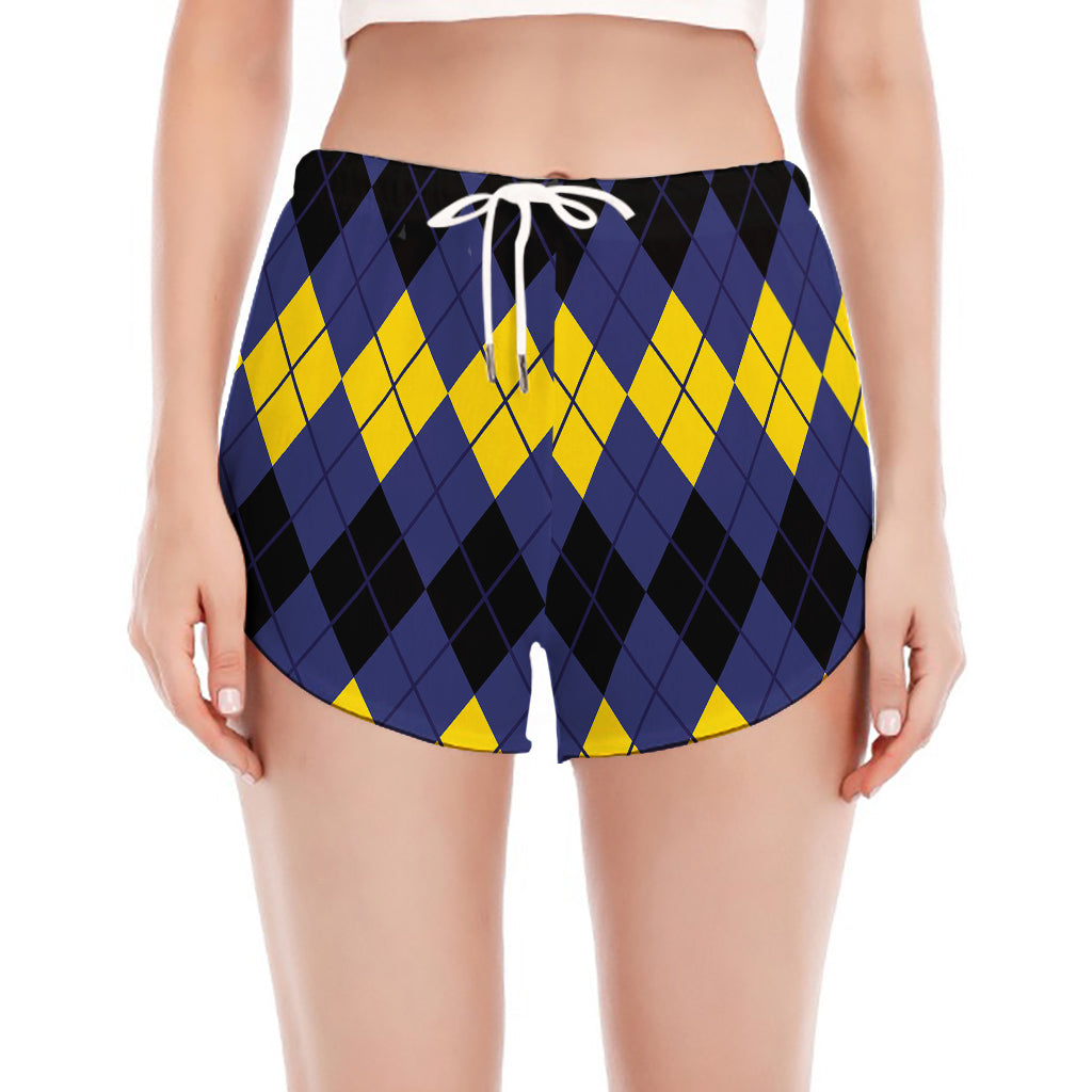 Black Yellow And Blue Argyle Print Women's Split Running Shorts