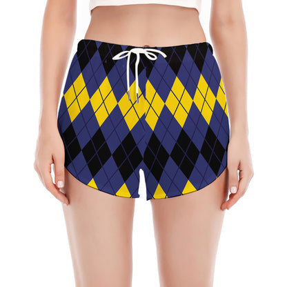 Black Yellow And Blue Argyle Print Women's Split Running Shorts