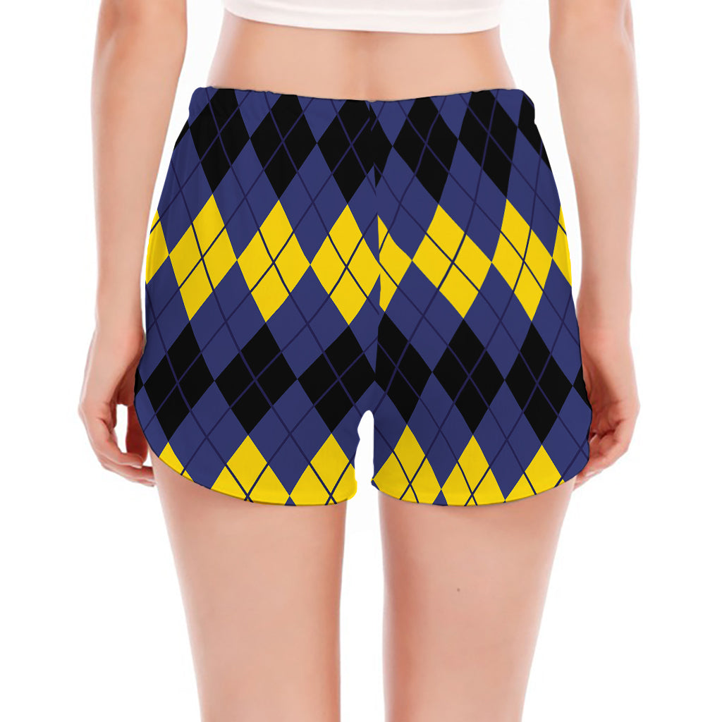 Black Yellow And Blue Argyle Print Women's Split Running Shorts