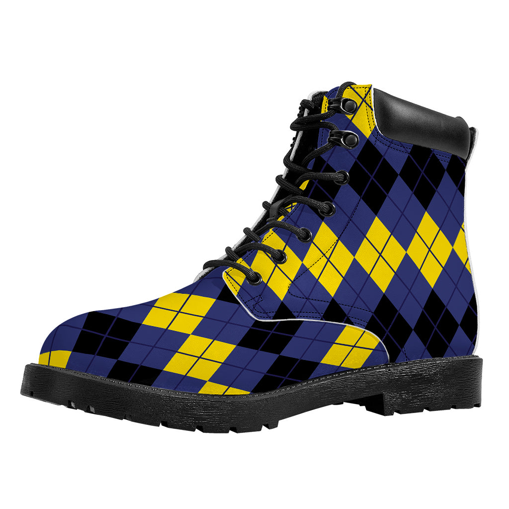 Black Yellow And Blue Argyle Print Work Boots