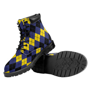 Black Yellow And Blue Argyle Print Work Boots
