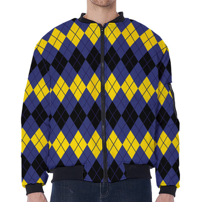 Black Yellow And Blue Argyle Print Zip Sleeve Bomber Jacket