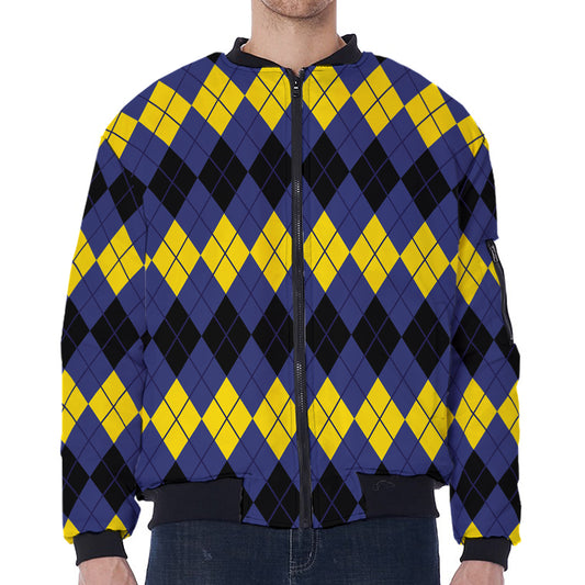 Black Yellow And Blue Argyle Print Zip Sleeve Bomber Jacket