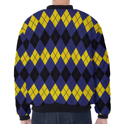 Black Yellow And Blue Argyle Print Zip Sleeve Bomber Jacket