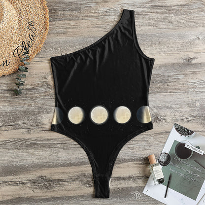 Blood Moon Lunar Phase Print One Shoulder Bodysuit