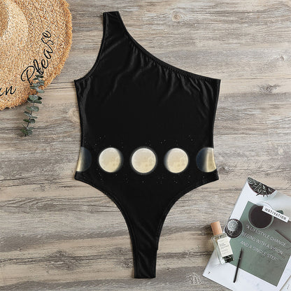 Blood Moon Lunar Phase Print One Shoulder Bodysuit