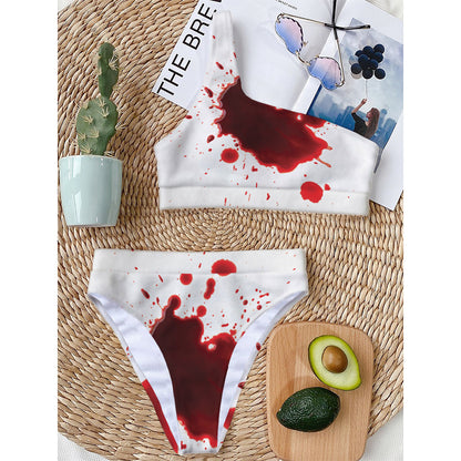 Blood Splashed Print One Shoulder Bikini Top