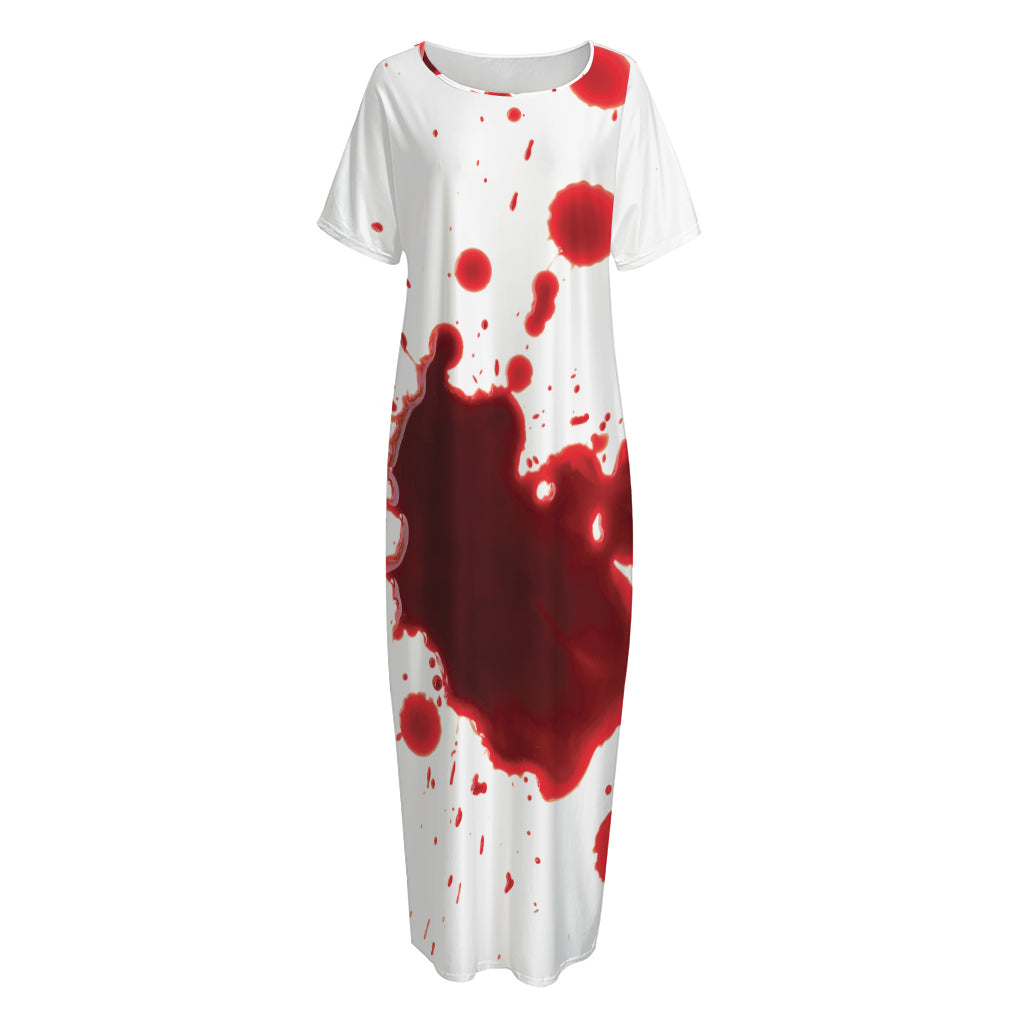 Blood Splashed Print Short Sleeve Long Nightdress