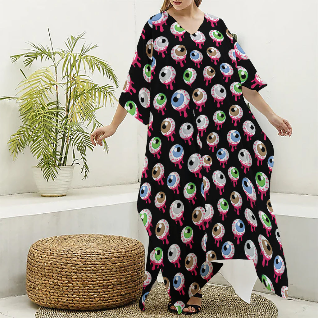 Bloody Eyeball Pattern Print Silk V-Neck Kaftan Dress