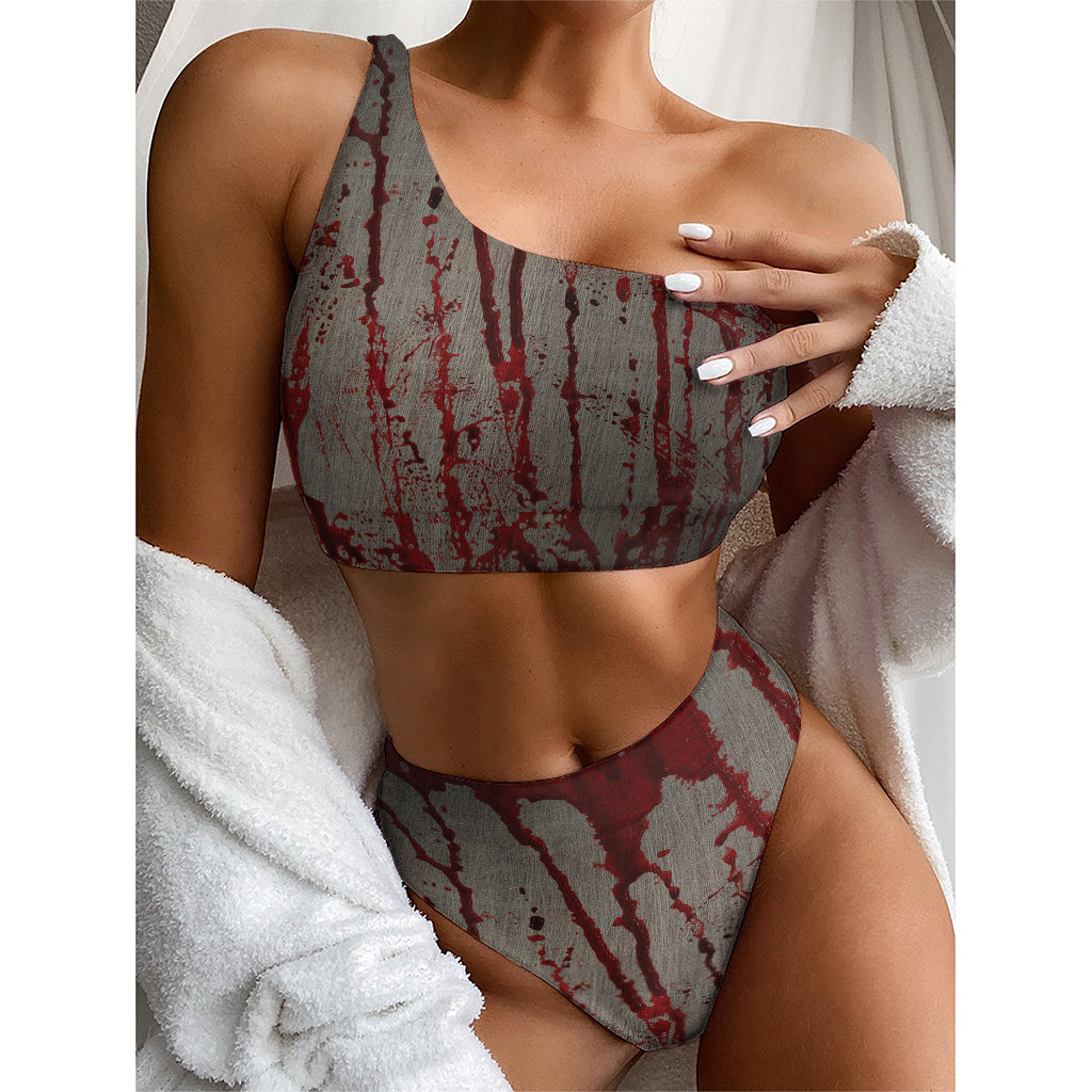 Bloody Metal Wall Print One Shoulder Bikini Top