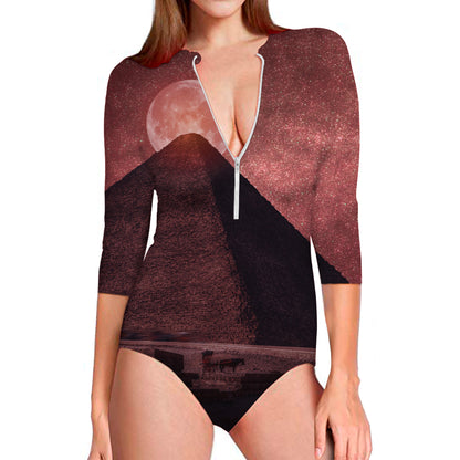 Bloody Moon Pyramid Print Long Sleeve Swimsuit