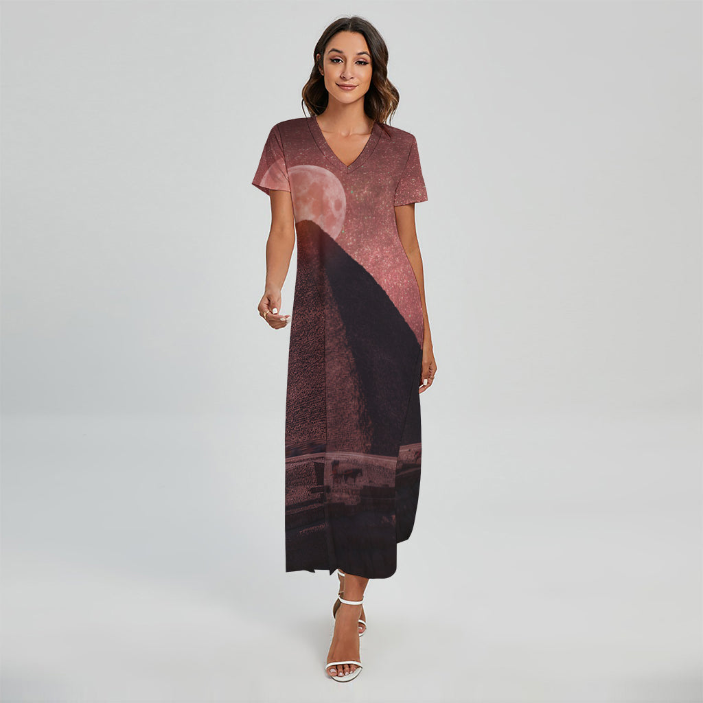 Bloody Moon Pyramid Print Short Sleeve Maxi Dress