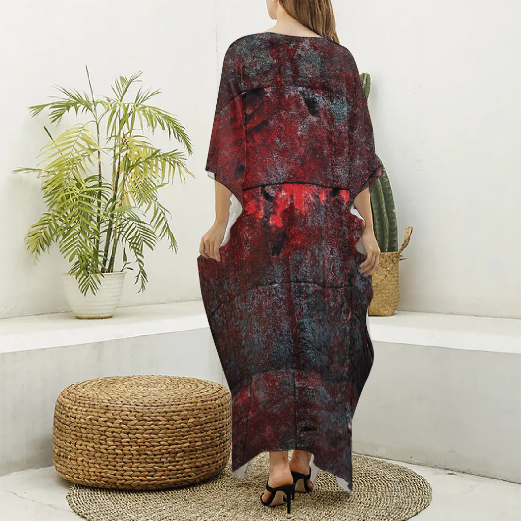 Bloody Room Print Silk V-Neck Kaftan Dress