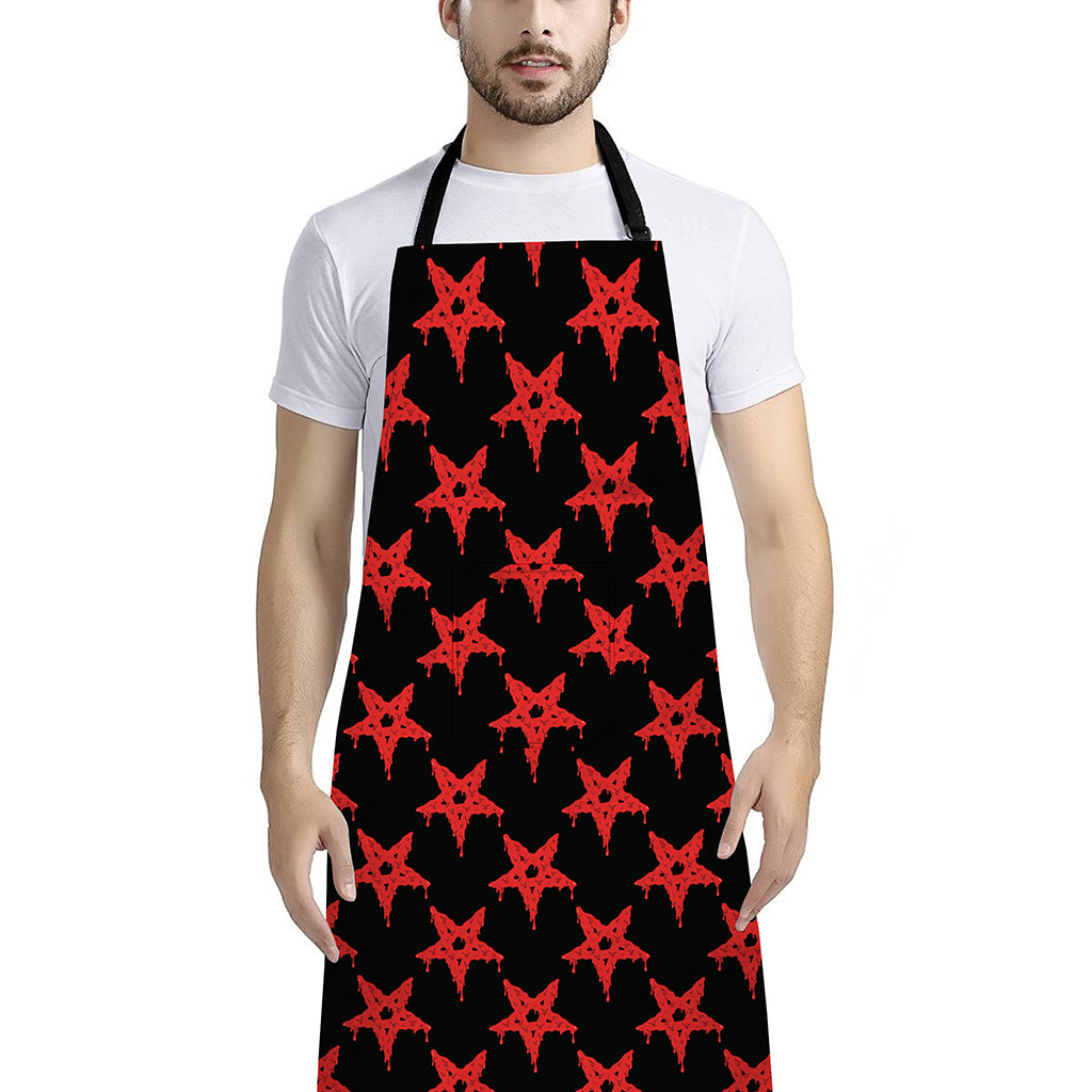 Bloody Satanic Pentagram Pattern Print Bib Apron With Pocket
