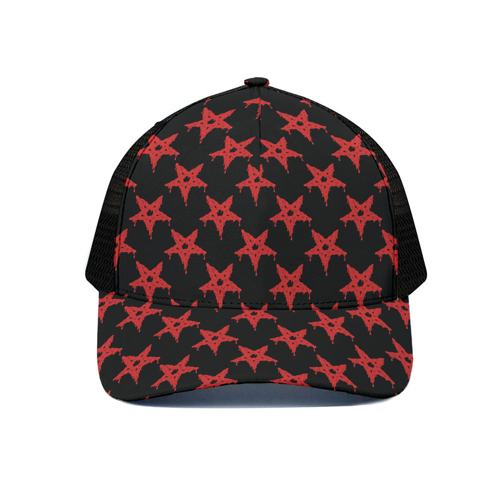 Bloody Satanic Pentagram Pattern Print Black Mesh Trucker Cap