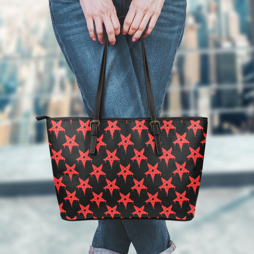 Bloody Satanic Pentagram Pattern Print Leather Tote Bag