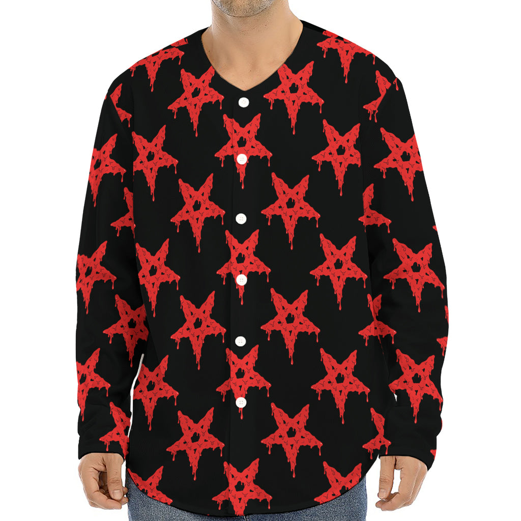 Bloody Satanic Pentagram Pattern Print Long Sleeve Baseball Jersey