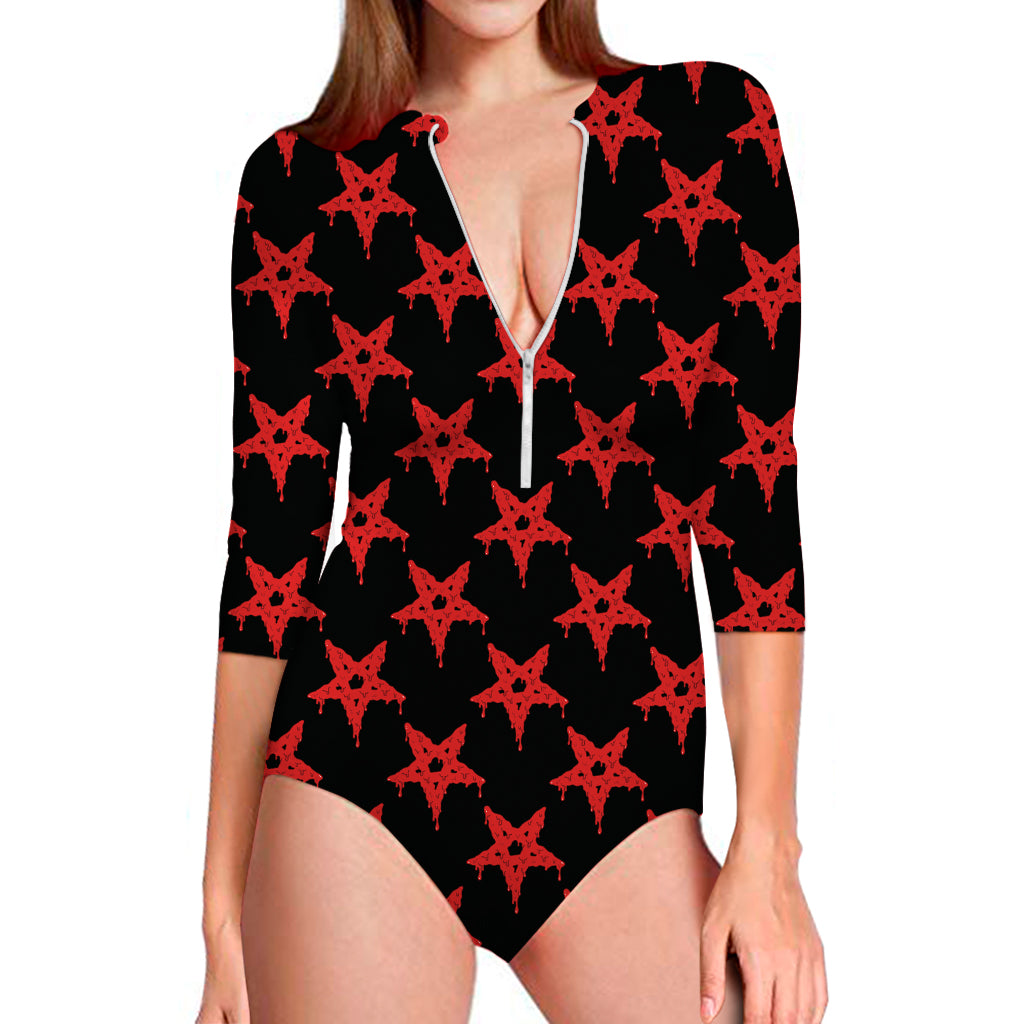 Bloody Satanic Pentagram Pattern Print Long Sleeve Swimsuit