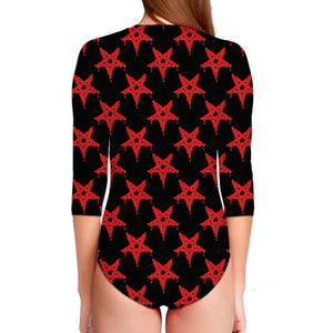 Bloody Satanic Pentagram Pattern Print Long Sleeve Swimsuit