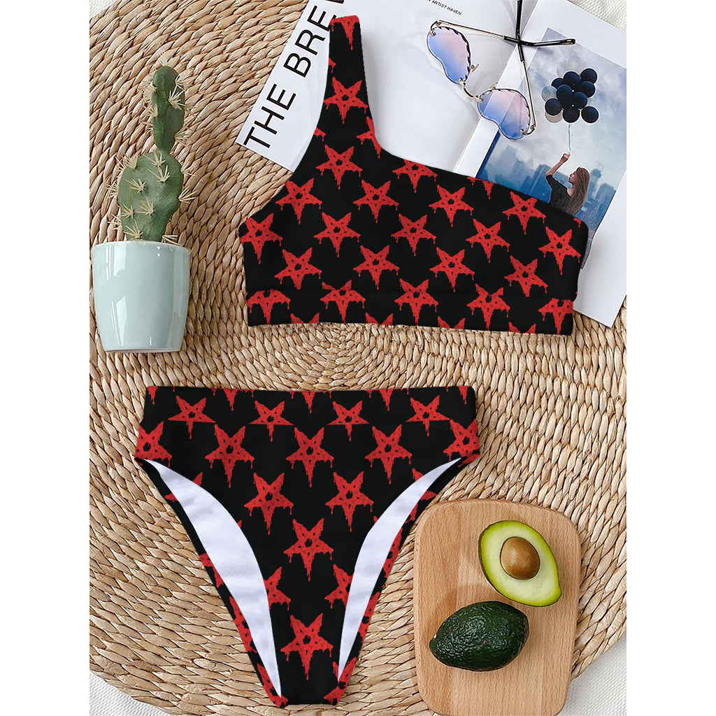 Bloody Satanic Pentagram Pattern Print One Shoulder Bikini Top