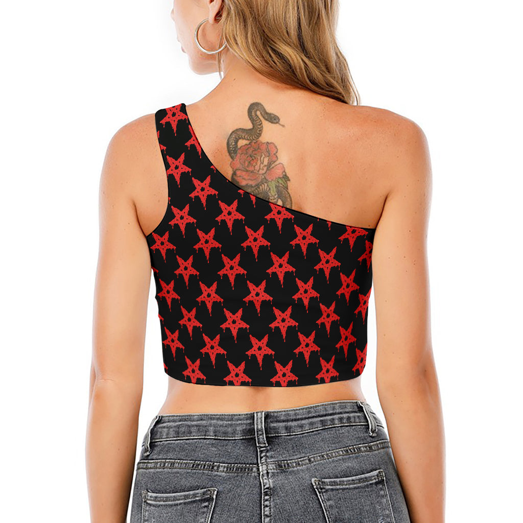 Bloody Satanic Pentagram Pattern Print One Shoulder Crop Top