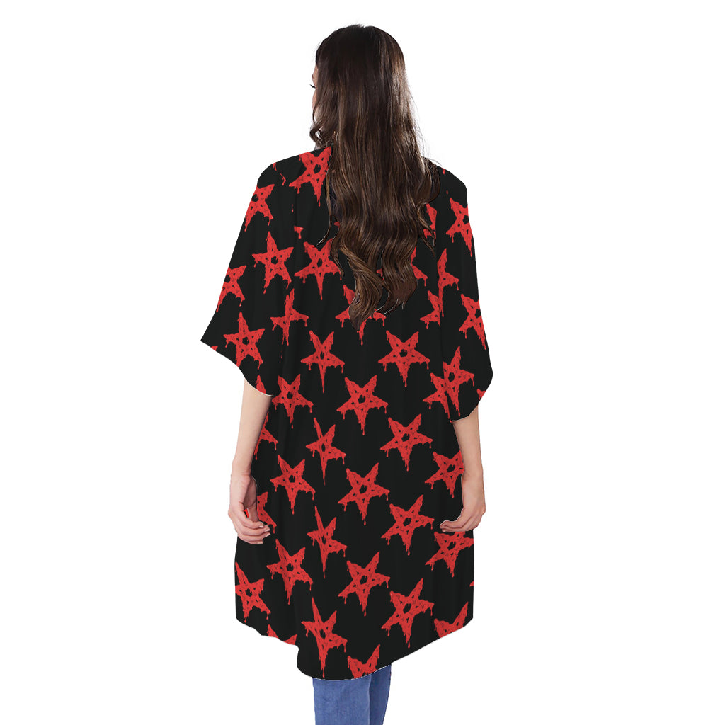 Bloody Satanic Pentagram Pattern Print Open Front Beach Cover Up