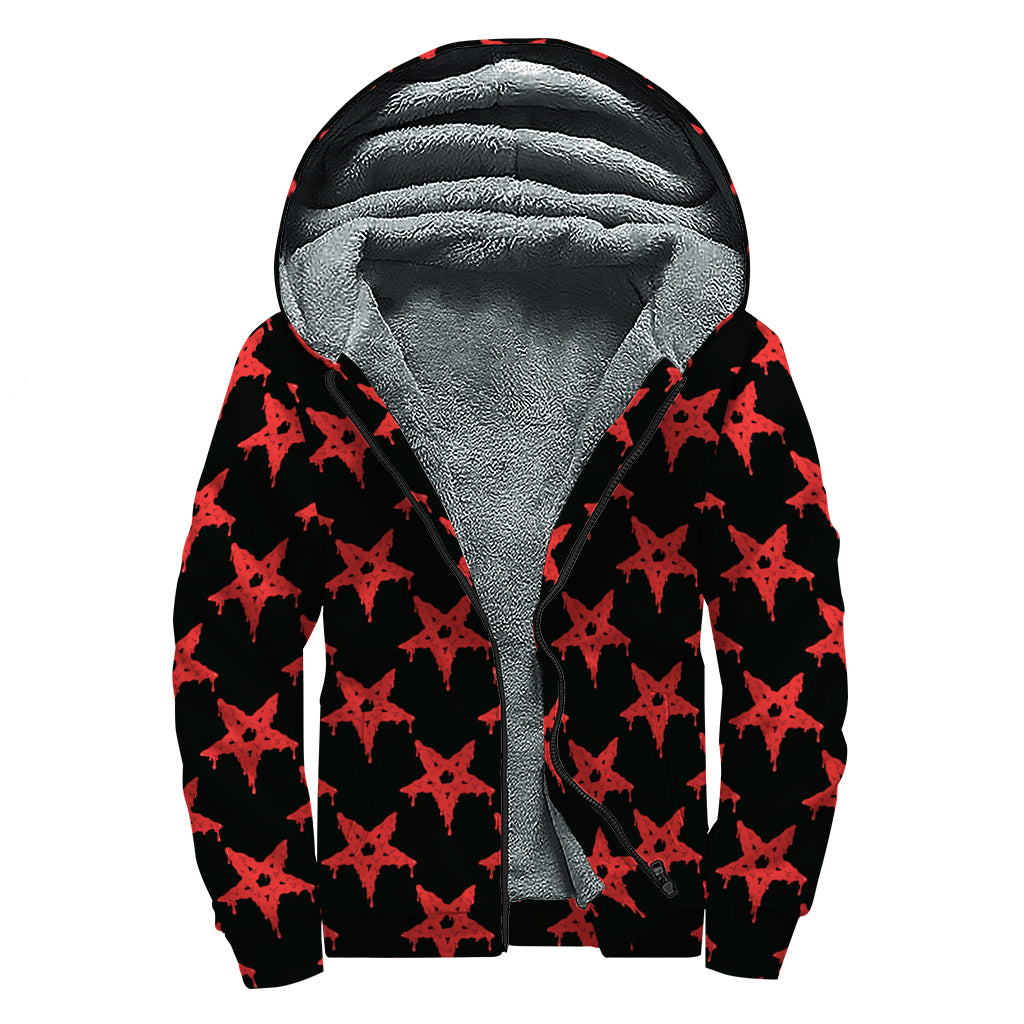Bloody Satanic Pentagram Pattern Print Sherpa Lined Zip Up Hoodie