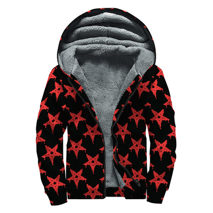 Bloody Satanic Pentagram Pattern Print Sherpa Lined Zip Up Hoodie