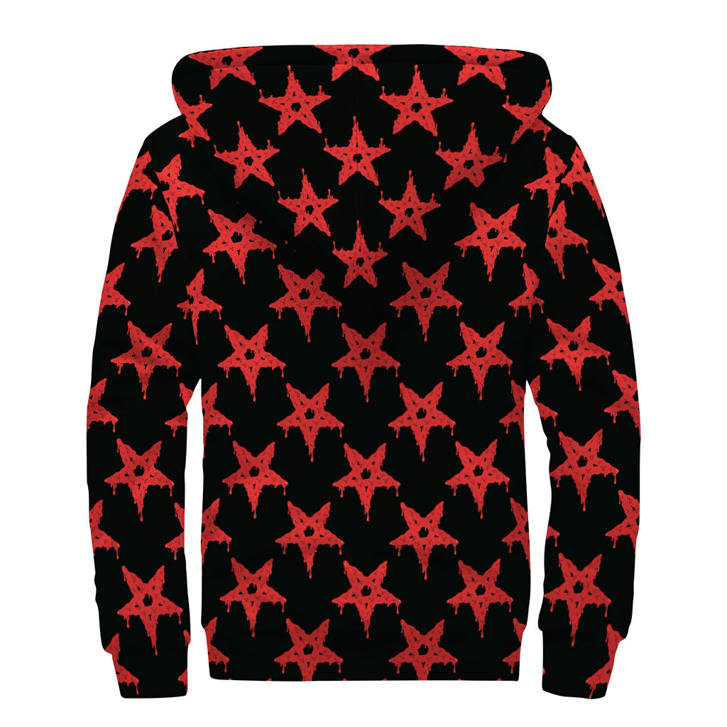 Bloody Satanic Pentagram Pattern Print Sherpa Lined Zip Up Hoodie