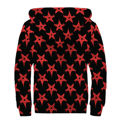 Bloody Satanic Pentagram Pattern Print Sherpa Lined Zip Up Hoodie