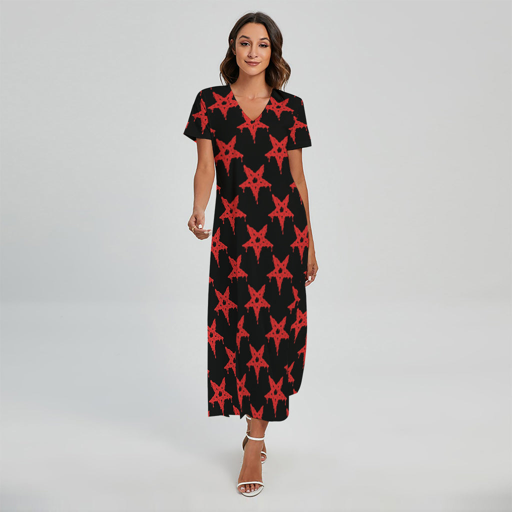 Bloody Satanic Pentagram Pattern Print Short Sleeve Maxi Dress