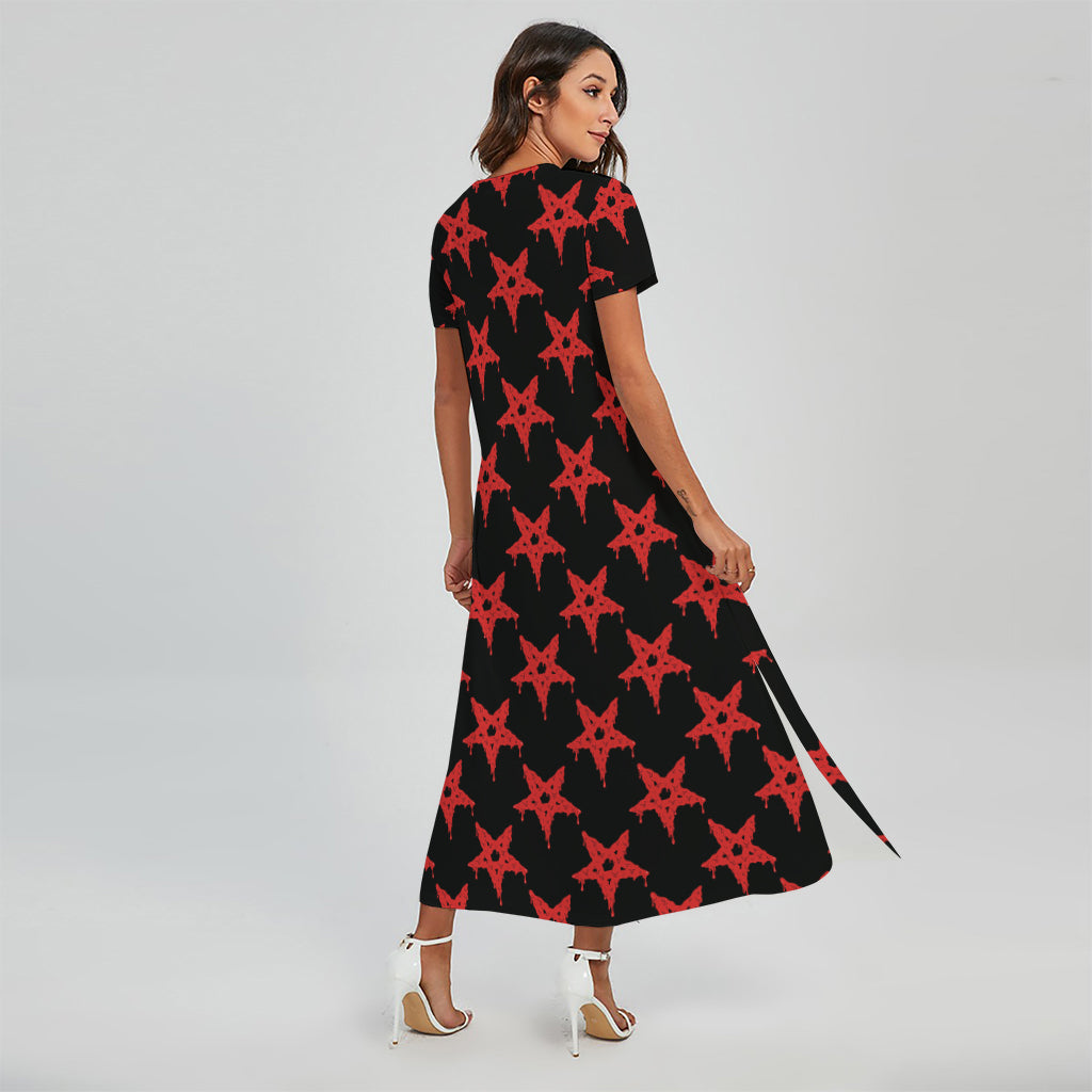 Bloody Satanic Pentagram Pattern Print Short Sleeve Maxi Dress