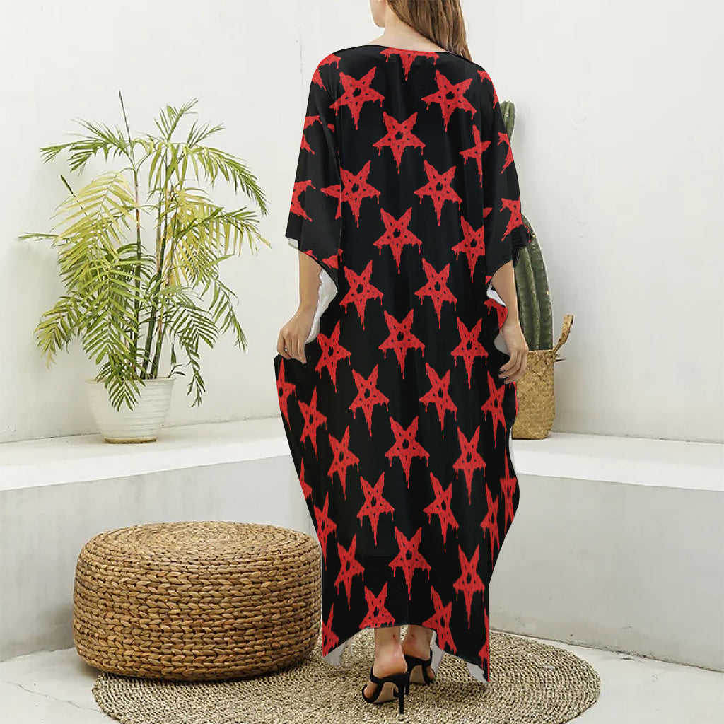 Bloody Satanic Pentagram Pattern Print Silk V-Neck Kaftan Dress